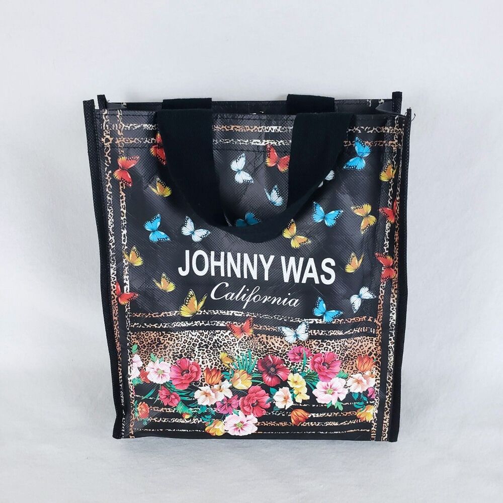 Johnny Was Shopping Bag Black Floral Butterflies Shopper Tote 9.5" x 11" x 4"